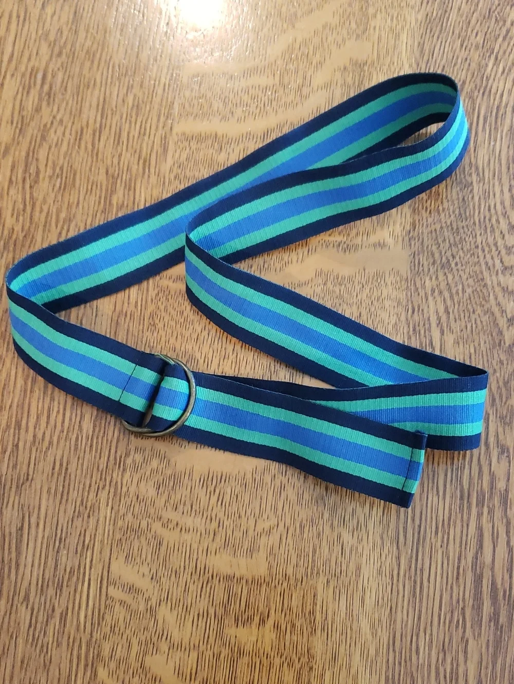 Striped Navy, Teal & Aqua Fabric Belt with D-Ring